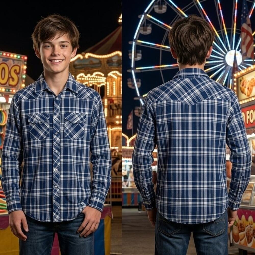 Chaps Blue Plaid Snap Button Long Sleeve Shirt Boys Medium 10-12 Pearl Snap